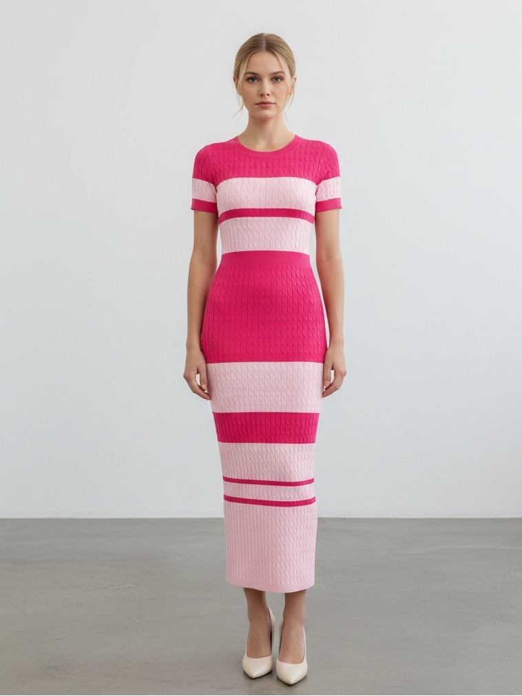 1333 Two Pinks Varied Stripes Cableknit Fitted Stretch Dress